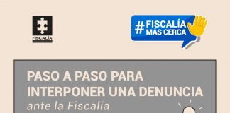 Pasos para interponer una denuncia En la imagen de portada de la sección de redes sociales Fiscalía más cerca se ve un fondo color crema con un diseño gráfico de un chico sentado en un sillón mirando la pantalla de un computador portátil y recuadro gris oscuro con un titular que dice: Paso a paso para interponer una denuncia ante la Fiscalía General de la Nación. Abajo de ese titular se ve un recuadro azul oscuro que dice Denuncia Fácil.