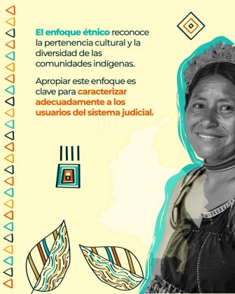 Texto: “El enfoque étnico reconoce la pertenencia cultural y la diversidad de las comunidades indígenas.” “Apropiar este enfoque es clave para caracterizar adecuadamente a los usuarios del sistema judicial.” Elementos gráficos: Mujer indígena con corona de flores y vestido tradicional, en blanco y negro. Fondo con mapa de Colombia. Hojas decorativas y patrones étnicos (triángulos, líneas, rombos).