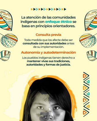 Texto: “La atención de las comunidades indígenas con enfoque étnico se basa en principios orientadores.” “Consulta previa” “Toda medida que los afecte debe ser consultada con sus autoridades antes de su implementación.” “Autonomía y autodeterminación” “Los pueblos indígenas tienen derecho a mantener vivas sus tradiciones, autoridades y formas de justicia.” Elementos gráficos: Rostro de una mujer indígena en blanco y negro con pintura facial. Fondo con silueta de Colombia. Hojas decorativas y patrones geométricos (triángulos y líneas).