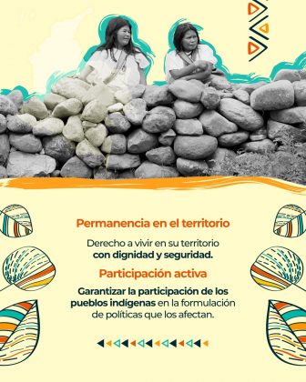 Texto: “Permanencia en el territorio” “Derecho a vivir en su territorio con dignidad y seguridad.” “Participación activa” “Garantizar la participación de los pueblos indígenas en la formulación de políticas que los afectan.” Elementos gráficos: Dos mujeres indígenas sentadas sobre un muro de piedras. Fondo con silueta del mapa de Colombia. Hojas decorativas y franja inferior con triángulos multicolores.
