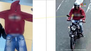 En la imagen hay 2 fotografías, en una está el buso en una mesa después del operativo de allanamiento y regirstro, y en la otra está uno de los procesados usando la misma prenda en motocicleta, cerca al lugar de los hehchos.