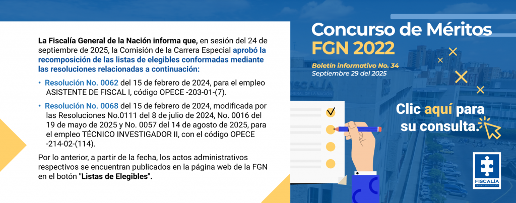 La imagen es un banner institucional con fondo dividido: a la derecha se observa una fotografía del edificio de la Fiscalía General de la Nación en Bogotá, sobre la que destacan elementos gráficos en tonos azul y amarillo, una ilustración de una mano marcando una lista con un lápiz y un cursor que señala el texto “Clic aquí para su consulta”, acompañado del logo oficial de la entidad; en la parte izquierda, sobre fondo blanco, aparece la información del Concurso de Méritos FGN 2022 – Boletín informativo No. 34 (septiembre 29 de 2025), donde se comunica que la Comisión de la Carrera Especial aprobó la recomposición de las listas de elegibles mediante la Resolución No. 0062 del 15 de febrero de 2024 para el empleo Asistente de Fiscal I, y la Resolución No. 0068 del 15 de febrero de 2024, modificada por actos posteriores, para el empleo Técnico Investigador II, precisando que los actos administrativos ya están publicados en la página web en el botón “Listas de Elegibles”.