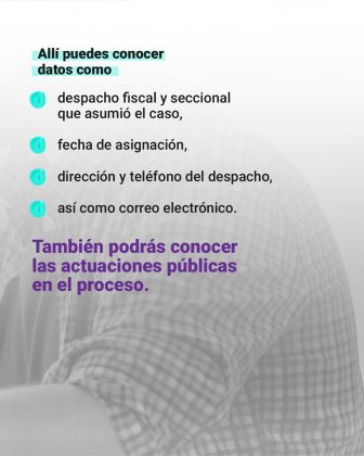 Máximo cinco días después, en el mismo correo electrónico, recibirás la copia de la denuncia con el número de noticia criminal de 21 dígitos. Con ese número puedes consultar tu denuncia en el módulo ‘Consulte su Denuncia’. Allí puedes conocer datos como: despacho fiscal y seccional que asumió el caso, fecha de asignación, dirección y teléfono del despacho, así como correo electrónico. También podrás conocer las actuaciones públicas en el proceso.