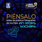 La imagen que compartes tiene un diseño con un fondo oscuro lleno de íconos de aplicaciones y redes sociales, dispuestos en forma de espiral o túnel digital, lo que transmite la idea de estar dentro del mundo virtual y de la masividad de las plataformas en línea.En la parte central, resalta el mensaje principal en letras grandes y amarillas:"PIÉNSALO antes de publicar fotografías de tus hijos en redes sociales"La palabra “en redes sociales” aparece en un color azul brillante y tipografía moderna, destacando la idea de internet y la virtualidad.En la parte superior izquierda aparece el logo de la Fiscalía General de la Nación y a la derecha el sello de campaña #CiberSeguro con un ícono de candado, que refuerza el concepto de seguridad digital.Además, se incluyen iconos gráficos de interacción digital (como burbujas de chat, corazones y “me gusta”), que refuerzan el contexto de redes sociales.