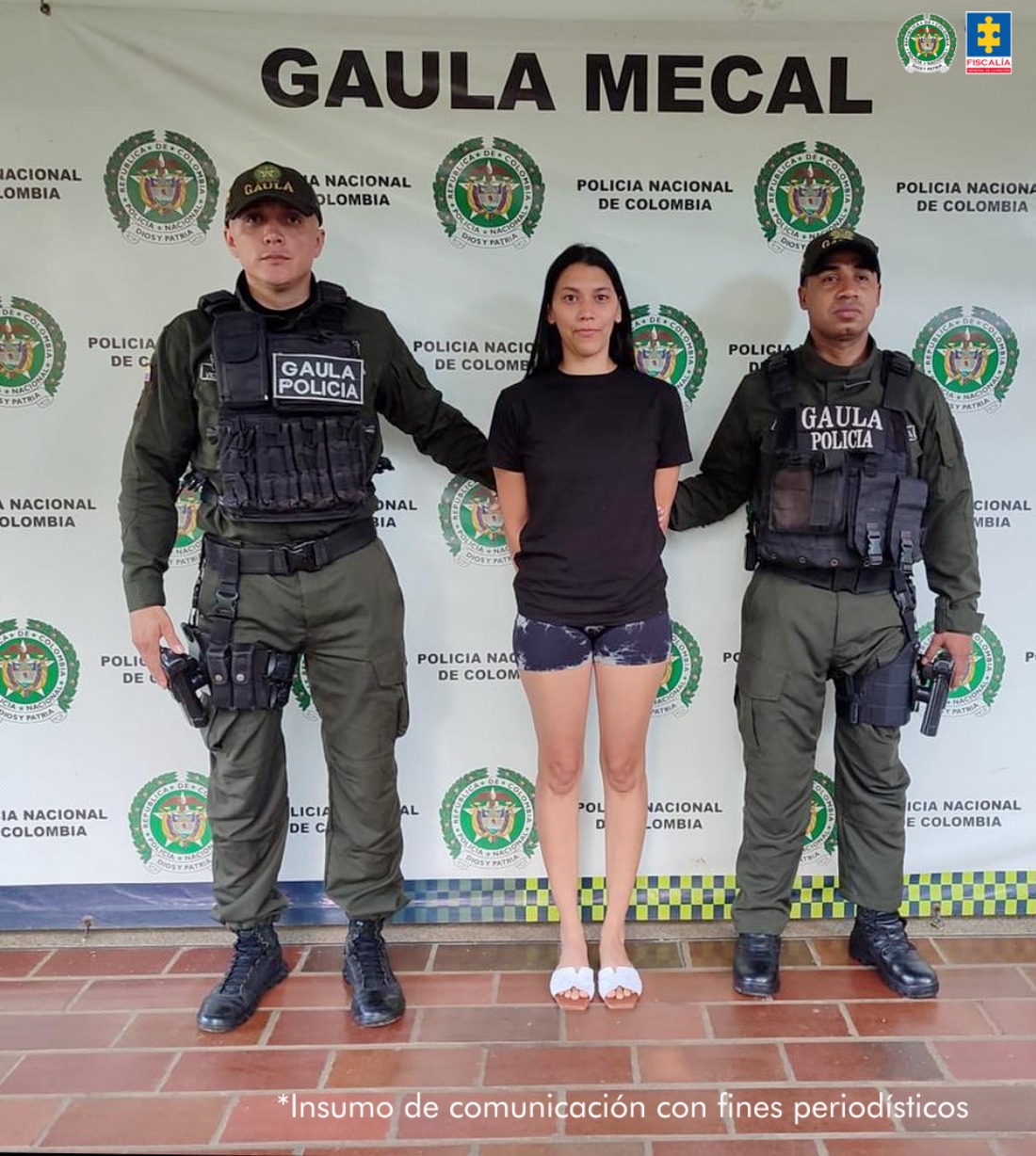 capturada de frente custodiada por dos policías. Detrás banner de la Policía Nacional.