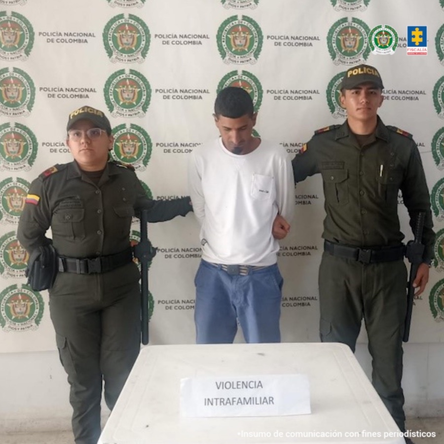 En la fotografía se aprecia de pie y con los brazos atrás a David Ramírez Ospina. Viste camibuso blanco de manga larga y jean azul. A sus extremos hay uniformados de la Policía Nacional. Delante de ellos hay una superficie blanca y sobre ella un letrero que dice: ‘Violencia intrafamiliar’. Detrás de ellos hay un pendón institucional de la Policía.