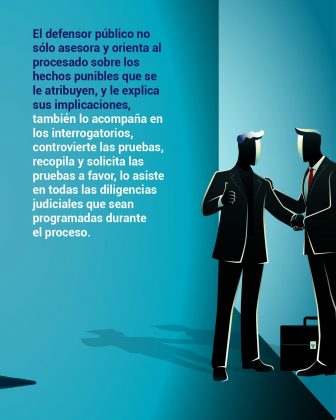 El defensor público no sólo asesora y orienta al procesado sobre los hechos punibles que se le atribuyen, y le explica sus implicaciones, también lo acompaña en los interrogatorios, controvierte las pruebas, recopila y solicita las pruebas a favor, lo asiste en todas las diligencias judiciales que sean programadas durante el proceso.