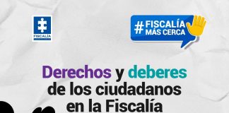 Derechos y deberes de los ciudadanos en la Fiscalía En la imagen de portada de la sección de redes sociales Fiscalía más cerca se ve un fondo color gris claro con un diseño gráfico de varias personas, hombres y mujeres, que muestran diversidad, con un titular que dice Derechos y deberes de los ciudadanos en la Fiscalía.