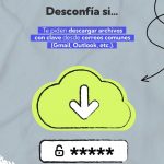 La imagen tiene un estilo gráfico moderno y colorido, con un fondo gris claro texturizado. Está diseñada como una pieza informativa o de prevención, posiblemente relacionada con ciberseguridad o alertas de fraude. 🔹 Elementos visuales y estructura 1. Texto principal (parte superior) En la parte superior, con tipografía grande y en color negro, se lee: "Desconfía si…" Justo debajo aparece otro bloque de texto, esta vez dentro de un rectángulo azul: "Te piden descargar archivos con clave desde correos comunes (Gmail, Outlook, etc.)." Las palabras “descargar archivos con clave” y “correos comunes” están resaltadas en color azul más claro para llamar la atención. 2. Ilustración central Debajo del texto se encuentra un dibujo llamativo: Es una nube de color verde neón con borde negro. En el centro de la nube hay una flecha blanca hacia abajo, representando la acción de “descargar”. La ilustración transmite visualmente la idea de una descarga desde la nube. A la derecha de esta nube aparece una flecha negra dibujada a mano, que parece funcionar como un elemento decorativo que dirige la vista hacia el gráfico principal. 3. Indicador de contraseña En la parte inferior hay un rectángulo blanco con estilo de etiqueta donde aparece: Un ícono de candado abierto en negro. A su lado, varios asteriscos (********), simbolizando una contraseña. Esto refuerza visualmente el mensaje de advertencia sobre archivos protegidos con clave.