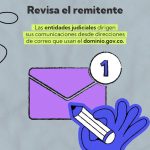 La imagen tiene un estilo gráfico moderno con colores vivos y un fondo gris claro texturizado. Está diseñada como una pieza informativa, aparentemente enfocada en prevención de fraudes o verificación de correos oficiales. 🔹 Elementos visuales y contenido 1. Texto principal (parte superior) En la parte superior aparece un texto grande en color negro: “Revisa el remitente” Indica el tema central: la importancia de verificar quién envía un correo. 2. Mensaje informativo principal Debajo se encuentra un cuadro rectángulo de color verde neón con texto en negro, resaltando palabras clave en negrita: “Las entidades judiciales dirigen sus comunicaciones desde direcciones de correo que usan el dominio.gov.co.” Esto remarca que los correos oficiales de entidades judiciales siempre deben venir desde direcciones con dominio .gov.co, lo cual ayuda a diferenciar correos legítimos de intentos de fraude. 3. Ilustración inferior En la parte baja de la imagen hay un gráfico compuesto por: Un sobre de correo ilustrado en color morado con borde negro. En la esquina superior derecha del sobre, aparece un círculo blanco con el número “1” en su interior, simulando una notificación de mensaje nuevo. Una mano ilustrada de color azul (solo la silueta) sostiene un lápiz blanco con punta negra, dando la idea de revisar o marcar algo relacionado con el correo. Esta ilustración complementa visualmente el mensaje sobre la importancia de revisar la procedencia de los correos.