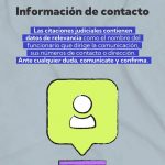 Texto alternativo sugerido: "Imagen con el título 'Información de contacto' y un mensaje sobre que las citaciones judiciales deben incluir datos relevantes del funcionario. Debajo aparece un ícono de perfil dentro de un globo verde."