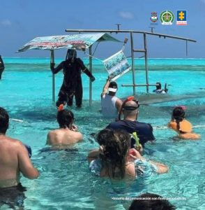 En la fotografía aparecen varias personas de espalda dentro del mar con caretas de buzo y con celulares tomando fotografías.