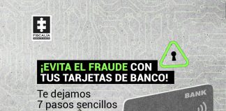 ¡Evita el fraude con tus tarjetas del banco! En la imagen se ve una portada diseñada de la sección de redes sociales Ciberseguro con un fondo gris con símbolos de redes electromagnéticas, un ícono de advertencia en color verde y unas tarjetas de crédito en color gris oscuro con un titular que dice ¡Evita el fraude con tus tarjetas de banco! Te dejamos 7 pasos sencillos para evitar que los delincuentes se apoderen de tu dinero.