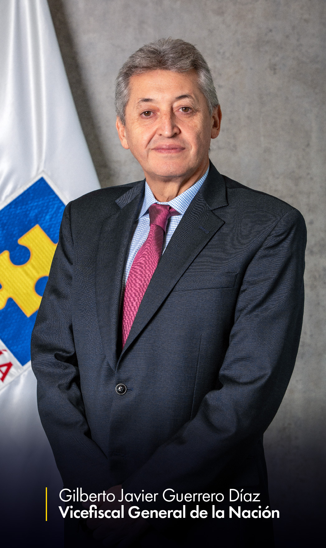 En la imagen aparece Gilberto Javier Guerrero Díaz, vicefiscal General de la Nación, en una fotografía de medio cuerpo. Al fondo se ve parcialmente una bandera de la Fiscalía.
