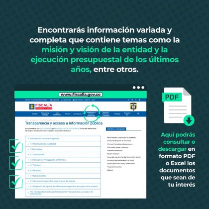 Encontrarás información variada y completa que contiene temas como la misión y visión de la entidad y la ejecución presupuestal de los últimos años, entre otros. Aquí podrás consultar o descargar en formato PDF o Excel los documentos que sean de tu interés.