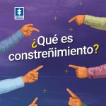 Pieza grafica de fondo morado, se puede ver 8 brazos con el dedo indice señalando a la mitad de la pieza en donde se puede leer: ¿Qué es constreñimiento?, tambien se puede ver el logo de la fiscalia en color azul