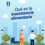 Imagen grafica en donde se puede ver la ilustración de un parque con una ciudad al fondo, se puede ver una pareja con un carrito para bebes, en la parte superior se puede leer en letras azules "Qué es inasistencia alimentaria", Tambien se encuentra el logo de la Fiscalia en color azul