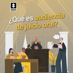 Pieza grafica con fondo en degrade de colores entre el cafe y el gris. En el medio de la imagen se ve una ilustración representando un juicio en donde se puede ver un juez detras de un escritorio en una posición de más altura en comparación con las otras personas que representan al sincicado en compañia de su abogado y de pie el otro abogado con un papel en su mano. en la parte superior de esta ilustración se puede leer: "¿Qué es audiencia de juicio oral"