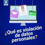 Pieza grafica con los siguientes elementos: Fondo en azul oscuro. elementos visuales hay una pantalla de computador, y como una representación de robo de datos hay unas cuerdas de pescar y en sus anzuelos hay un sobre de carta, un documento general y una tarjeta credito. En texto se puede leer, "¡qué es violación de datos personasles". En la parte superior izquierda se ve el logo de la fiscalia en blanco