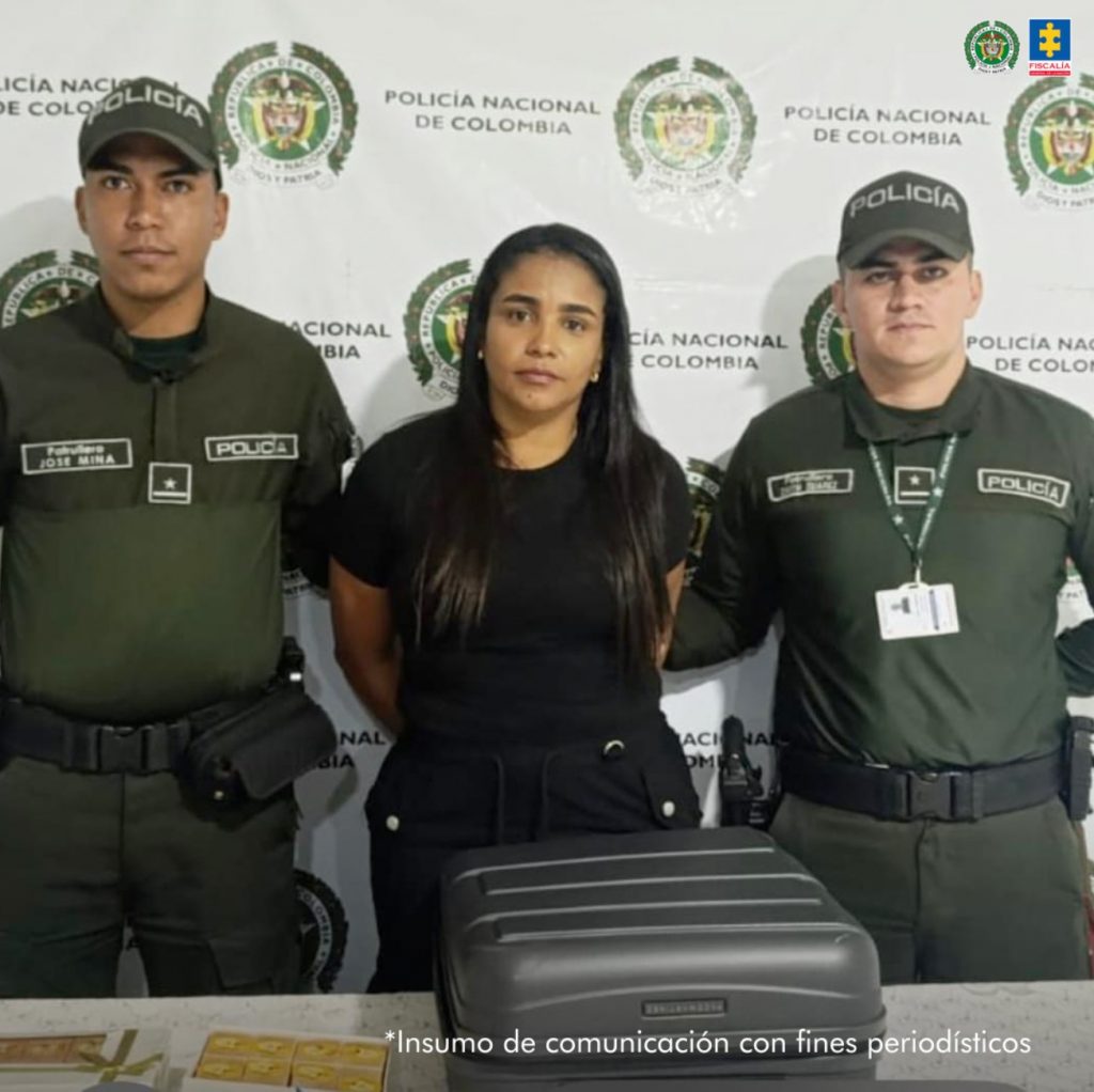 En la fotografía se aprecia de pie y con los brazos atrás Leydi Johanna Pino Gómez. Viste con blusa y pantalón negro. Usa cabello largo oscuro. A sus extremos hay uniformados de la Policía Nacional. Detrás de ellos hay un pendón institucional de la Policía.