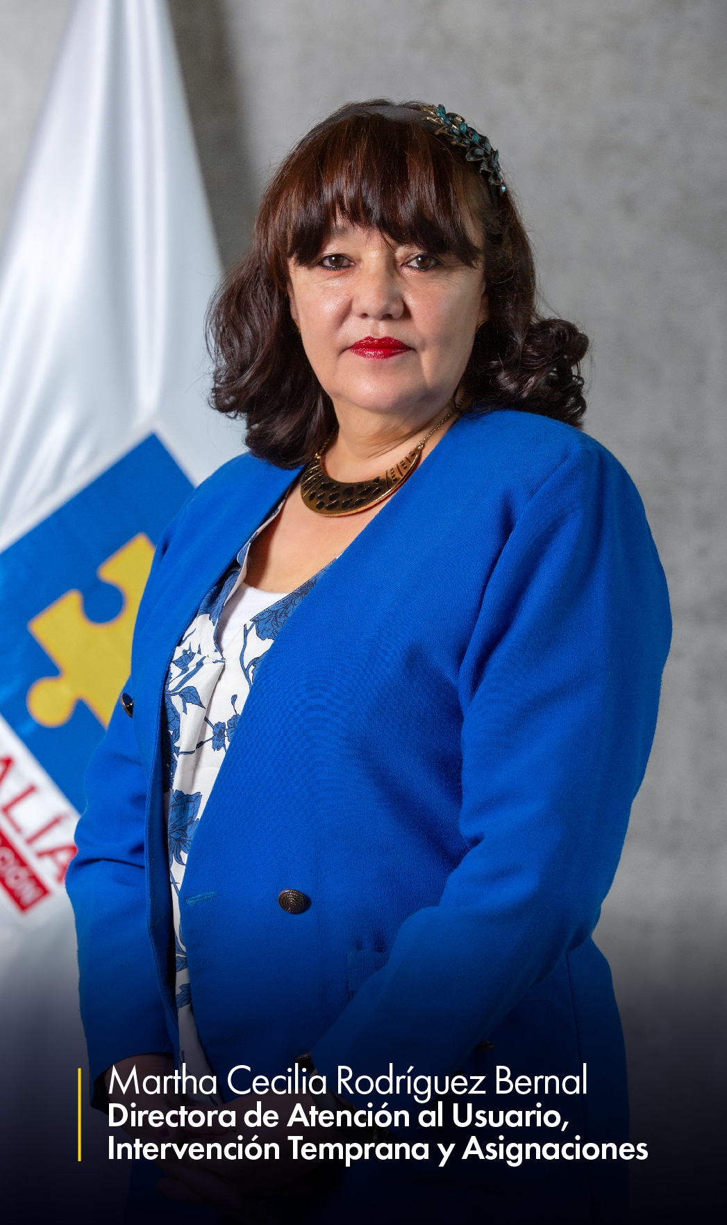 En la imagen aparece Martha Cecilia Rodríguez Bernal, directora de Atención al Usuario, Intervención Temprana y Asignaciones, en una imagen de medio cuerpo. Al fondo se ve parcialmente la bandera de la Fiscalía.