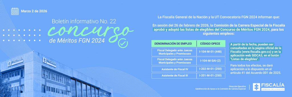 Banner del boletin numero 22 en color azul y de fondo el edifcio de la fiscalia