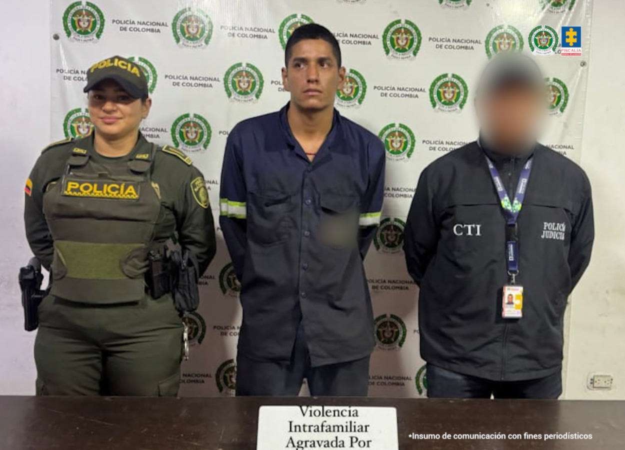 En  la fotografía aparece de pie y con los brazos atrás Nelson Fernando Benavídez Moreno. Viste con camisa de mangas largas, de color azul oscuro con cinta antireflectriva en las mangas y pantalón azul oscuro. Al extremo izquierdo de él hay un servidor del  CTI de la Fiscalía y al derecho una uniformada de la Policía Nacional. Delante de ellos hay una superficie de color marrón y sobre ella hay un letrero que dice: ‘Violencia intrafamiliar agravada por orden judicial’. Detrás de ellos hay un pendón institucional de la Policía.