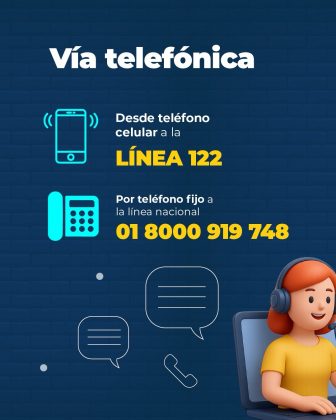 Pieza gr&aacute;fica informativa de la Fiscal&iacute;a General de la Naci&oacute;n que presenta los canales de denuncia v&iacute;a telef&oacute;nica. Indica la atenci&oacute;n a trav&eacute;s de la l&iacute;nea 122 desde tel&eacute;fono celular y la l&iacute;nea nacional 01 8000 919 748 desde tel&eacute;fono fijo, como medios de contacto para que la ciudadan&iacute;a acceda a los servicios de la entidad y ejerza su derecho a denunciar.