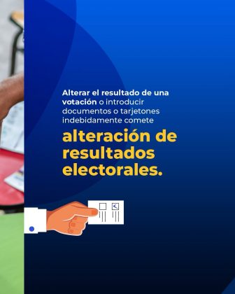 La imagen corresponde a una pieza gr&aacute;fica institucional de car&aacute;cter informativo sobre delitos electorales en Colombia. El dise&ntilde;o tiene un fondo azul con degradados y formas curvas, y combina texto explicativo con una ilustraci&oacute;n sencilla. En la parte central se lee el mensaje: &ldquo;Alterar el resultado de una votaci&oacute;n o introducir documentos o tarjetones indebidamente comete alteraci&oacute;n de resultados electorales&rdquo;, donde la expresi&oacute;n &ldquo;alteraci&oacute;n de resultados electorales&rdquo; aparece destacada en letras grandes de color amarillo para enfatizar la conducta sancionada. En la zona inferior se observa una ilustraci&oacute;n de una mano sosteniendo un tarjet&oacute;n de votaci&oacute;n, reforzando visualmente la referencia al proceso electoral. En el borde izquierdo se aprecia parcialmente una imagen fotogr&aacute;fica desenfocada de elementos de un puesto de votaci&oacute;n, como mesas o material electoral. La composici&oacute;n visual transmite un mensaje pedag&oacute;gico y preventivo, orientado a advertir sobre la prohibici&oacute;n de manipular los resultados de las votaciones o los documentos electorales.
