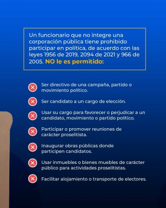 La imagen corresponde a una pieza gr&aacute;fica institucional informativa sobre las restricciones legales que tienen ciertos funcionarios p&uacute;blicos en materia de participaci&oacute;n pol&iacute;tica en Colombia. El dise&ntilde;o presenta un fondo azul uniforme y un recuadro superior con borde amarillo que contiene el texto: &ldquo;Un funcionario que no integre una corporaci&oacute;n p&uacute;blica tiene prohibido participar en pol&iacute;tica, de acuerdo con las leyes 1956 de 2019, 2094 de 2021 y 966 de 2005. NO le es permitido:&rdquo;. Debajo de este encabezado se muestra una lista de prohibiciones, cada una precedida por un &iacute;cono circular rojo con una equis blanca, que indica acciones no permitidas. Entre ellas se incluyen ser directivo de una campa&ntilde;a, partido o movimiento pol&iacute;tico; ser candidato a un cargo de elecci&oacute;n; usar el cargo p&uacute;blico para favorecer o perjudicar a un candidato, movimiento o partido pol&iacute;tico; participar o promover reuniones de car&aacute;cter proselitista; inaugurar obras p&uacute;blicas donde participen candidatos; usar inmuebles o bienes muebles de car&aacute;cter p&uacute;blico para actividades proselitistas; y facilitar alojamiento o transporte de electores. En el borde izquierdo de la imagen se aprecia de forma parcial un elemento gr&aacute;fico que parece corresponder al contexto institucional de la pieza. La composici&oacute;n visual refuerza un mensaje pedag&oacute;gico y preventivo sobre los l&iacute;mites legales de la actuaci&oacute;n pol&iacute;tica de los funcionarios p&uacute;blicos durante los procesos electorales.