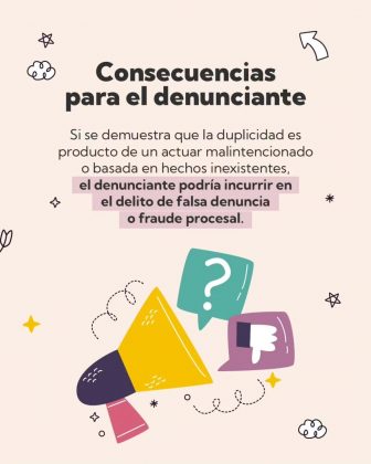 Pieza gr&aacute;fica informativa de la Fiscal&iacute;a General de la Naci&oacute;n que expone las consecuencias para el denunciante en casos de duplicidad de denuncias. Advierte que, cuando se demuestra una actuaci&oacute;n malintencionada o basada en hechos inexistentes, el denunciante puede incurrir en los delitos de falsa denuncia o fraude procesal, con un enfoque pedag&oacute;gico sobre el uso responsable de los mecanismos de denuncia.