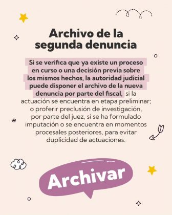 La imagen es una pieza gr&aacute;fica con fondo de color beige claro. En la parte superior se observan peque&ntilde;os elementos decorativos en color oscuro y amarillo, como estrellas, l&iacute;neas curvas punteadas y flechas, distribuidos de manera dispersa. En la parte superior central aparece el t&iacute;tulo en letra gruesa de color negro, distribuido en dos l&iacute;neas: &ldquo;Archivo de la segunda denuncia&rdquo; Debajo del t&iacute;tulo se encuentra un bloque de texto centrado, compuesto por varias l&iacute;neas. Algunas partes del texto est&aacute;n resaltadas con un fondo rosado claro, mientras el resto aparece en color negro. El texto completo dice: &ldquo;Si se verifica que ya existe un proceso en curso o una decisi&oacute;n previa sobre los mismos hechos, la autoridad judicial puede disponer el archivo de la nueva denuncia por parte del fiscal, si la actuaci&oacute;n se encuentra en etapa preliminar; o proferir preclusi&oacute;n de investigaci&oacute;n, por parte del juez, si se ha formulado imputaci&oacute;n o se encuentra en momentos procesales posteriores, para evitar duplicidad de actuaciones.&rdquo; En la parte inferior de la imagen se observa un elemento gr&aacute;fico en forma de globo de di&aacute;logo de color morado, con texto blanco en su interior que dice: &ldquo;Archivar&rdquo; Alrededor del globo contin&uacute;an los elementos decorativos peque&ntilde;os, como estrellas y l&iacute;neas curvas, que complementan el dise&ntilde;o visual de la pieza.
