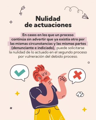 Pieza gr&aacute;fica informativa de la Fiscal&iacute;a General de la Naci&oacute;n que explica la nulidad de actuaciones en casos de duplicidad de procesos. Se&ntilde;ala que, cuando un proceso contin&uacute;a sin advertir la existencia de otro por los mismos hechos y las mismas partes, puede solicitarse la nulidad del segundo proceso por vulneraci&oacute;n del debido proceso, con un enfoque pedag&oacute;gico sobre las garant&iacute;as procesales.