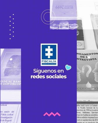La imagen es una pieza gr&aacute;fica con fondo de color morado con una textura de puntos finos. En el fondo se observan elementos gr&aacute;ficos decorativos en tonos azul claro, blanco y rosado, como l&iacute;neas onduladas, puntos alineados verticalmente, c&iacute;rculos conc&eacute;ntricos y figuras en zigzag, distribuidos en diferentes &aacute;reas del dise&ntilde;o. En la parte central de la imagen se encuentra el logotipo de la Fiscal&iacute;a, compuesto por un rect&aacute;ngulo azul con una figura blanca en forma de pieza de rompecabezas en su interior. Debajo del s&iacute;mbolo aparece el texto: &ldquo;FISCAL&Iacute;A GENERAL DE LA NACI&Oacute;N&rdquo; Debajo del logotipo se observa el texto centrado, en color blanco y en dos l&iacute;neas, que dice: &ldquo;S&iacute;guenos en redes sociales&rdquo; A la derecha del texto aparece un &iacute;cono peque&ntilde;o en forma de coraz&oacute;n, de color azul claro. En los costados izquierdo y derecho de la imagen se aprecian fotograf&iacute;as en blanco y negro parcialmente visibles, integradas al dise&ntilde;o mediante bloques y transiciones de color morado. Las im&aacute;genes muestran documentos impresos y material editorial, como p&aacute;ginas con texto, ilustraciones, gr&aacute;ficos y t&iacute;tulos, colocados de manera superpuesta. Algunos textos visibles en las im&aacute;genes laterales aparecen recortados o fragmentados por el dise&ntilde;o. En la parte inferior central se observa un elemento gr&aacute;fico en zigzag de color rosado, mientras que otros puntos y l&iacute;neas decorativas contin&uacute;an distribuidos sobre el fondo morado.