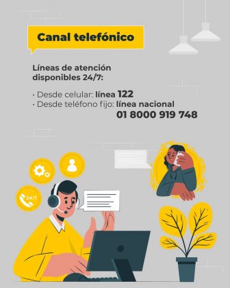 La imagen es una pieza gr&aacute;fica con fondo de color gris claro, con una textura que simula una pared con l&iacute;neas horizontales muy sutiles. En la parte superior izquierda se observa un recuadro rectangular amarillo, con texto en color negro que dice: &ldquo;Canal telef&oacute;nico&rdquo; Debajo del encabezado aparece un bloque de texto en color oscuro, alineado a la izquierda, que dice: &ldquo;L&iacute;neas de atenci&oacute;n disponibles 24/7:&rdquo; A continuaci&oacute;n se presentan dos l&iacute;neas con vi&ntilde;etas, que dicen textualmente: &ldquo;Desde celular: l&iacute;nea 122&rdquo; &ldquo;Desde tel&eacute;fono fijo: l&iacute;nea nacional 01 8000 919 748&rdquo; En la parte inferior izquierda de la imagen se observa una ilustraci&oacute;n de una persona sentada frente a un computador de escritorio, utilizando aud&iacute;fonos con micr&oacute;fono. Frente a la persona se aprecia un monitor y una mesa. Cerca del monitor aparece un globo de di&aacute;logo con l&iacute;neas horizontales que simulan texto. Alrededor de esta ilustraci&oacute;n se observan &iacute;conos circulares de color amarillo, que incluyen s&iacute;mbolos como engranajes, una figura humana y el texto &ldquo;24/7&rdquo;, como elementos gr&aacute;ficos decorativos. En la parte inferior derecha se observa otra ilustraci&oacute;n de una persona sosteniendo un tel&eacute;fono celular, ubicada dentro de un c&iacute;rculo amarillo con l&iacute;neas decorativas alrededor. En la parte inferior derecha de la imagen tambi&eacute;n se aprecia una ilustraci&oacute;n de una planta en matera, con hojas de color amarillo. En la parte superior derecha se distinguen dos l&aacute;mparas colgantes blancas, suspendidas desde la parte superior del encuadre, como elementos decorativos del fondo. El resto del fondo permanece sin texto adicional, manteniendo una composici&oacute;n equilibrada entre texto informativo e ilustraciones gr&aacute;ficas.