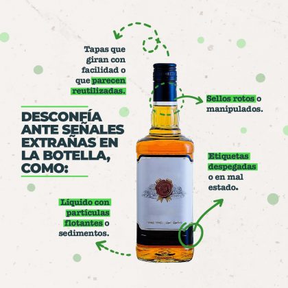 Desconfía ante señales extrañas en la botella, como: • Sellos rotos o manipulados. • Etiquetas despegadas o en mal estado. • Líquido con partículas flotantes o sedimentos. • Tapas que giran con facilidad o que parecen reutilizadas.