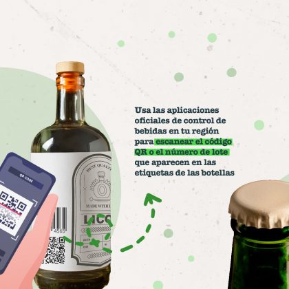 • Usa las aplicaciones oficiales de control de bebidas en tu región para escanear el código QR o el número de lote que aparecen en las etiquetas de las botellas