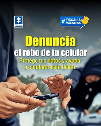 Imagen en donde se ve a una persona con el cleular en la mano y otra persona encapuchada estirando su mano para tratar de aquitarselo, en letras de lee denuncia el robo de celular, logos de la fiscalia y del contenido