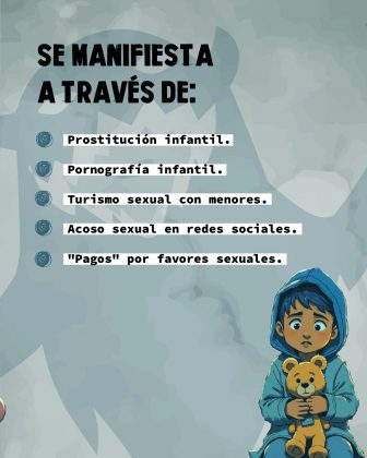 En la parte superior, en letras grandes negras se lee: "SE MANIFIESTA A TRAVÉS DE:" A continuación, se enumeran distintas formas de manifestación de la ESCNNA, cada una precedida por un ícono circular con una espiral: Prostitución infantil. Pornografía infantil. Turismo sexual con menores. Acoso sexual en redes sociales. "Pagos" por favores sexuales. En la parte inferior derecha, aparece la ilustración de un niño pequeño con expresión triste y preocupada. Está vestido con una sudadera con capucha de color azul y sostiene con fuerza un peluche, lo que transmite vulnerabilidad y desprotección.