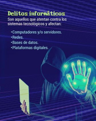Definición (texto principal): “Son aquellos que atentan contra los sistemas tecnológicos y afectan:” A continuación, enumera los componentes afectados: Computadores y/o servidores. Redes. Bases de datos. Plataformas digitales. 🔹 Diseño visual: Fondo oscuro con líneas digitales horizontales y efectos de código binario (0 y 1) al estilo “matrix”. Silueta de un encapuchado sin rostro, representando a un hacker, quien sostiene un computador portátil. Al lado derecho, una mano virtual con luces y sensores brillantes en color verde-azulado, lo que sugiere un sistema de acceso biométrico o de autenticación digital.