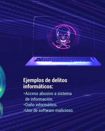 Texto destacado: Ejemplos de delitos informáticos: Seguido de una lista clara y concisa: Acceso abusivo a sistema de información. Daño informático. Uso de software malicioso. Estos ejemplos ilustran formas comunes de ataques contra sistemas tecnológicos y plataformas digitales. 🔹 Diseño visual: Fondo en tonos púrpura y azul oscuro, con líneas digitales y un patrón futurista que remite al entorno cibernético. Elemento gráfico principal: Un computador portátil con una pantalla que muestra una calavera con huesos cruzados en neón rosado/morado. Esta imagen es un símbolo universal de advertencia y suele representar virus, malware o amenazas digitales. A la izquierda, se mantiene parcialmente visible la mano digital brillante que aparece en la imagen anterior, lo que sugiere continuidad visual en la serie.