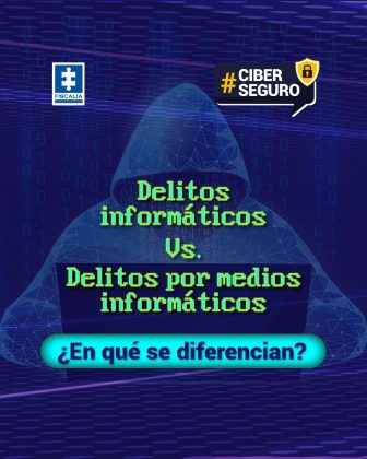 Al pie de la imagen, en un recuadro celeste con letras azules en negrita, aparece la pregunta: “¿En qué se diferencian?” Esto invita al lector a reflexionar o informarse sobre ambos conceptos. Diseño visual: Fondo: Tiene un fondo oscuro con tonos púrpura y azul, cubierto por una matriz de números binarios (0 y 1), evocando un entorno digital. Figura central: La silueta de un encapuchado hecho con líneas de conexión (tipo malla digital), que representa simbólicamente a un hacker o ciberdelincuente. Elementos institucionales: En la esquina superior izquierda aparece el logo de la Fiscalía General de la Nación (Colombia). En la esquina superior derecha hay un ícono con un escudo y un candado, junto al texto #CiberSeguro, que parece ser parte de una campaña de ciberseguridad.
