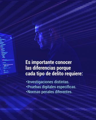 Mensaje principal (texto): "Es importante conocer las diferencias porque cada tipo de delito requiere:" Y enumera tres aspectos clave: Investigaciones distintas. Pruebas digitales específicas. Normas penales diferentes. Esto resalta que la correcta clasificación del delito es esencial para aplicar los procedimientos judiciales y forenses adecuados. 🔹 Diseño visual: Fondo digital azul oscuro, con líneas horizontales y patrones binarios, manteniendo coherencia con las imágenes anteriores. Figura central: Un hombre de perfil, iluminado por la luz de la pantalla de su computador. En la pantalla se observan líneas de código, lo que alude a labores de análisis digital o ciberinvestigación. La imagen sugiere profesionalismo, vigilancia y análisis técnico.