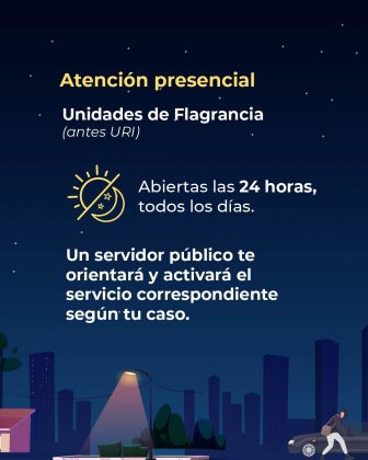 La imagen es un cartel informativo con fondo nocturno y una ilustración urbana. Informa que las Unidades de Flagrancia (antes URI) brindan atención presencial las 24 horas, todos los días. Un servidor público orientará y activará el servicio necesario según el caso.
