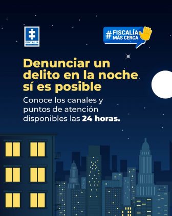 Esta imagen refuerza el mensaje de la Fiscalía General de la Nación de Colombia sobre la posibilidad de denunciar delitos en cualquier momento, incluso en la noche. Aquí está el contenido esencial del aviso: 🟡 Denunciar un delito en la noche sí es posible 🕒 Canales y puntos de atención disponibles las 24 horas 👥 Campaña: #FiscalíaMásCerca La imagen muestra una ciudad de noche, con edificios iluminados, lo cual enfatiza que los servicios están activos incluso fuera del horario laboral habitual.