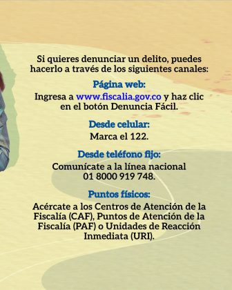 Esta imagen contiene información sobre cómo denunciar un delito en Colombia a través de la Fiscalía General de la Nación. El fondo tiene tonos suaves entre amarillo claro y verde pálido, con textura similar a un paisaje pintado. A la izquierda se alcanza a ver parcialmente la figura de una persona. El contenido principal es textual y está ubicado al centro de la imagen. Se explica lo siguiente: 🗣️ Texto informativo leído en voz clara: Si quieres denunciar un delito, puedes hacerlo a través de los siguientes canales: 🔵 Página web: Ingresa a www.fiscalia.gov.co y haz clic en el botón Denuncia Fácil. 📱 Desde celular: Marca el 122. ☎️ Desde teléfono fijo: Comunícate a la línea nacional 01 8000 919 748. 🏢 Puntos físicos: Acércate a los Centros de Atención de la Fiscalía (CAF), los Puntos de Atención de la Fiscalía (PAF) o las Unidades de Reacción Inmediata (URI).