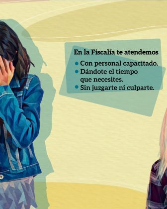 La imagen muestra a dos personas, aparentemente mujeres, de pie. Ambas parecen estar en un estado emocional complicado. Una de ellas tiene las manos en la cara, lo que sugiere que está triste o angustiada. La otra parece estar observando o mirando hacia un lado. En el fondo, se observa una especie de collage o ilustración abstracta con tonos suaves y colores cálidos. A la derecha de la imagen, hay un recuadro con texto en color negro que dice: "En la Fiscalía te atendemos" Con personal capacitado. Dándote el tiempo que necesites. Sin juzgarte ni culparte.