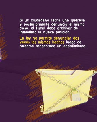 En esta imagen se observa un fondo morado con trazos en tonos naranjas. En la parte superior derecha aparece un texto en blanco y amarillo que dice: “Si un ciudadano retira una querella y posteriormente denuncia el mismo caso, el fiscal debe archivar de inmediato la nueva petición. La ley no permite denunciar dos veces los mismos hechos luego de haberse presentado un desistimiento.” En la parte inferior derecha hay una ilustración de una carpeta amarilla cerrada con cadenas y un candado, lo que simboliza el archivo o cierre definitivo de un caso. El mensaje comunica que una denuncia retirada no puede volver a presentarse por los mismos hechos.