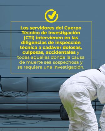 La imagen corresponde a un material informativo de la Fiscalía General de la Nación de Colombia que explica el rol del Cuerpo Técnico de Investigación (CTI) en los procedimientos judiciales. El texto principal, resaltado en amarillo, dice: “Los servidores del Cuerpo Técnico de Investigación (CTI) intervienen en las diligencias de inspección técnica a cadáver dolosas, culposas, accidentales y todas aquellas donde la causa de muerte sea sospechosa y se requiera una investigación.” En la parte superior aparece un ícono de check amarillo, que funciona como elemento gráfico de validación. En el fondo se observa la ilustración de una sala con un sofá y algunos objetos en el suelo, sugiriendo un posible lugar de inspección. En primer plano, en la esquina inferior derecha, hay una persona con traje blanco de bioseguridad agachada, aparentemente recolectando evidencia.