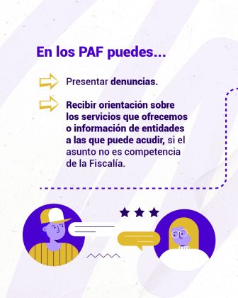 Parte gráfica: Parte superior: Texto en morado con algunos términos destacados en negrita. Íconos amarillos: Dos flechas a la izquierda, que funcionan como viñetas para resaltar la información. Separador: Línea punteada morada en el centro del diseño. Parte inferior: Dos ilustraciones circulares estilo caricatura, una a la izquierda (persona con gorra) y otra a la derecha (persona con gafas). Entre ambas, globos de diálogo en blanco y amarillo, representando una conversación. Tres estrellas negras sobre los globos, símbolo de valoración o calidad en la atención. Textos: “En los PAF puedes…” “Presentar denuncias.” “Recibir orientación sobre los servicios que ofrecemos o información de entidades a las que puede acudir, si el asunto no es competencia de la Fiscalía.”